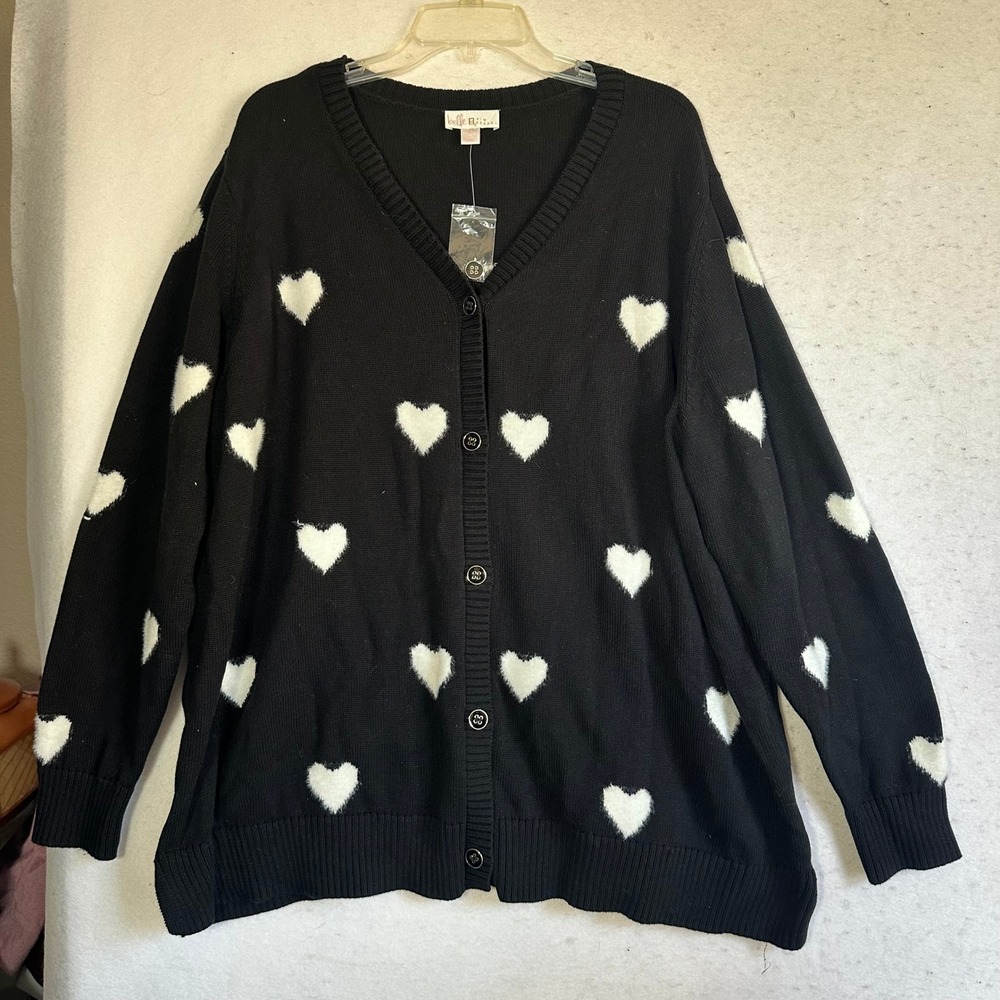 Belle by Kim Gravel Heart Cardigan Sweater Black White V-Neck Button Front 3X